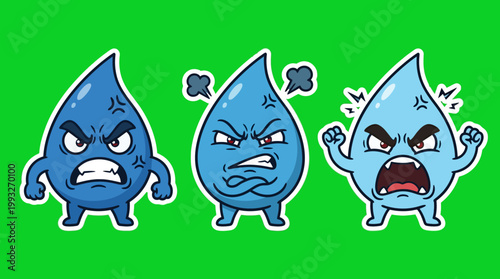 Cartoon Water Droplets with Angry Expressions on Green Background.
