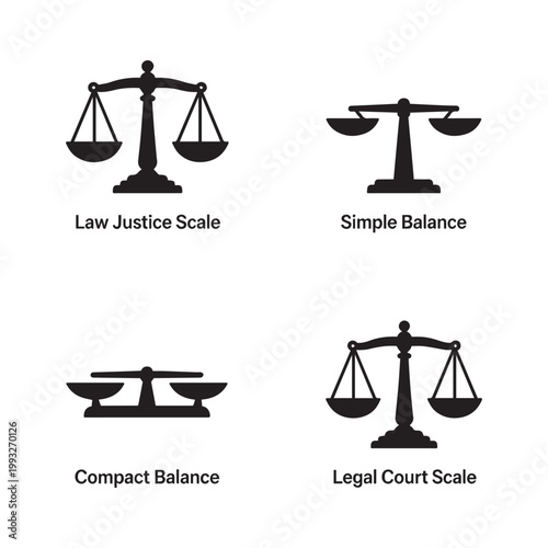 Justice scale icon set balanced unbalanced minimal badge legal symbol design vector. 