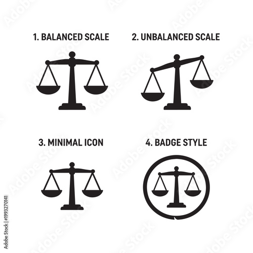 Justice scale icon set balanced unbalanced minimal badge legal symbol design vector. 