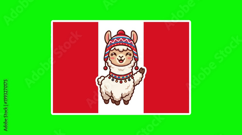 Charming Cartoon Llama Wearing a Peruvian Hat on National Flag.