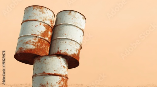 Weathered Rusty Barrels Stacked Against a Soft Brown Background in an Industrial Setting
