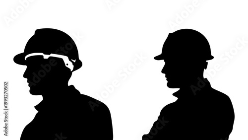 Construction worker silhouette in hard hat profile view, Male engineer and builder silhouettes on white background, Industrial professional wearing safety helmet outline, Architecture and civil engine