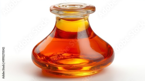 Amber Liquid in Elegant Glass Bottle on White Background with Soft Reflections and Subtle Color Variation