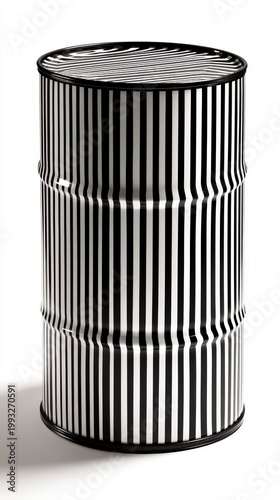 Black and White Striped Cylindrical Barrel with Geometric Pattern in Studio Setting