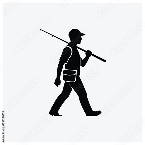 Silhouette of a person fishing with a rod and tackle bag.