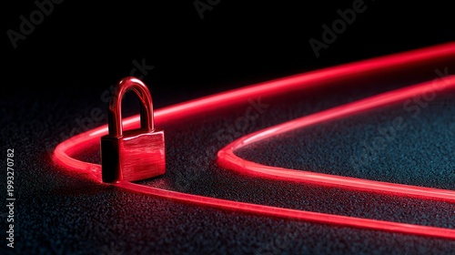 Close Up of a Metallic Lock on a Shiny Surface Illuminated by Red Laser Light in an Abstract Setting