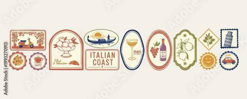 Tableau sur toile Italian coast travel badges set, amalfi coast and positano stickers, vintage med