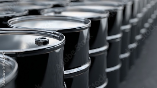 Close-Up View of Stacked Black Metal Barrels in an Industrial Storage Facility with Reflective Surfaces