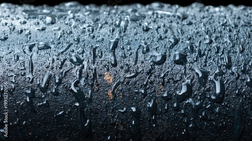 Close-Up View of Water Droplets on a Dark Surface Creating an Abstract Texture with a Reflective Quality