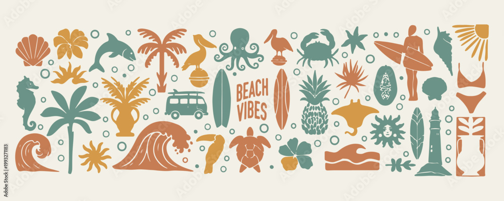 Fototapeta premium Beach vibes and ocean life icons, summer vacation coastal nature graphics, tropical sea animal and surfing vectors, nostalgic holiday travel beach illustrations, nautical elements and shell icon set, 