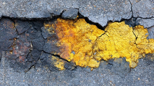 Cracked Asphalt Surface with Yellow and Gray Textures Highlighting Urban Decay and Natural Patterns