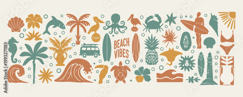 Beach vibes and ocean life icons, summer vacation coastal nature graphics, tropical sea animal and surfing vectors, nostalgic holiday travel beach illustrations, nautical elements and shell icon set, 