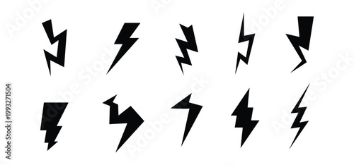 A collection of black lightning icons on a white background, a symbol of energy or electric charging logos.