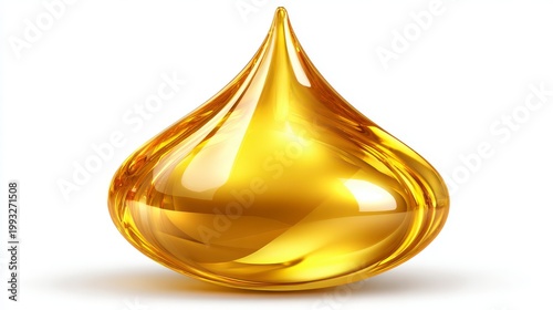 Glossy Golden Liquid Droplet with Smooth Surface and Reflective Texture on White Background