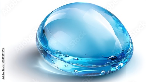 Glistening Blue Transparent Droplet on a White Background Evoking Freshness and Purity