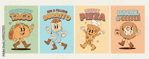 Retro cartoon burrito and pizza characters, vintage mascot fast food art, funny dancing food character vectors, nostalgic cheesy pizza and burrito graphics, 90s style fast food mascot set, cute animat