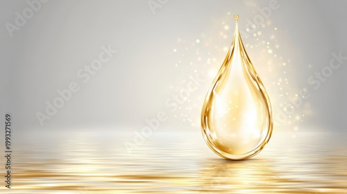 Golden Water Drop Sparkling Over Calm Surface with Soft Light Reflection for Elegant Background