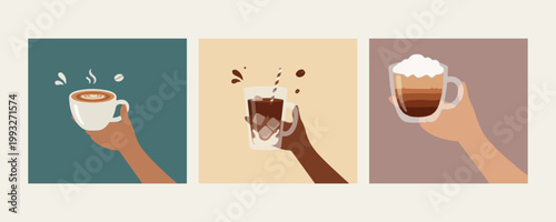 Person holding iced coffee glass, cold brew summer drink vector, hand holding refreshing latte art, caffeine lover morning beverage graphics, minimalist iced coffee drink illustration, modern cafe dri
