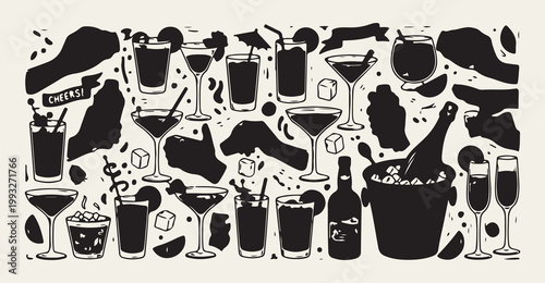 Cocktail bar and drink menu, alcoholic beverage and glassware illustration, martini and wine bottle doodle, barware and ice cube collection, nightlife and party beverage vector, minimalist drink shop 