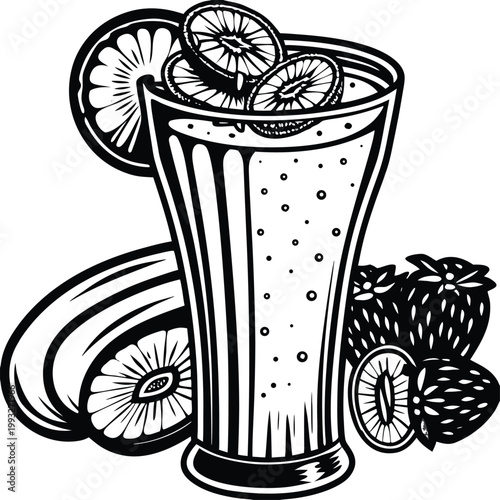 Fresh kiwi drink, kiwi slices, fruit beverage, black and white illustration