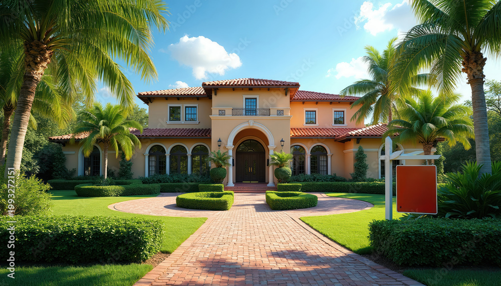 Fototapeta premium Luxury house with for sale sign in front yard. Large estate home surrounded by palm trees green lawn and brick pathway. Residential property is ready for new owners in sunny weather.