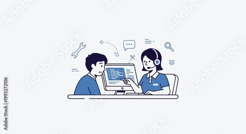 Illustration of technical support interaction showing a technician assisting a client with a computer screen displaying code and tools nearby