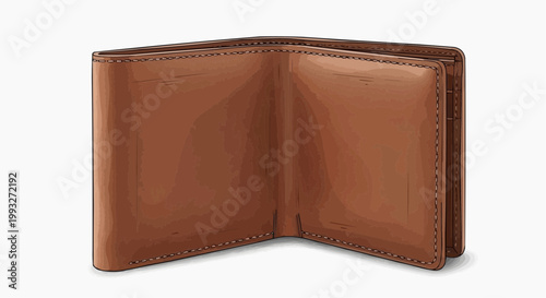 An open, empty brown leather wallet, signifying financial security or lack thereof. The wallet has a polished finish and neat stitching. in white background.