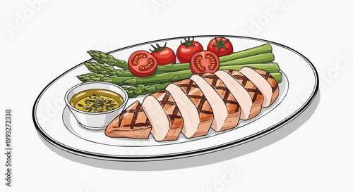 A delicious and well-presented plate of grilled chicken with vegetables in white background.