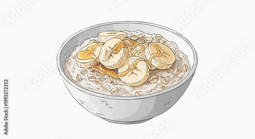 A delightful illustration of a bowl of oatmeal with sliced bananas in white background.