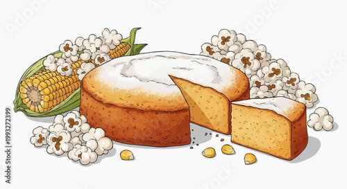 Delicious cornbread and popcorn with corn in the side.  The cornbread is sliced with a piece taken out and dusted with powdered sugar. in white background.