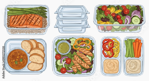 Various containers filled with healthy food options, showcasing a range of delicious and nutritious meals. The image offers a visual feast of salads, grilled proteins. in white background.