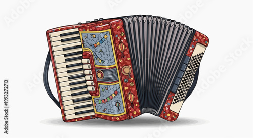 A classic accordion with intricate decorations in white background.