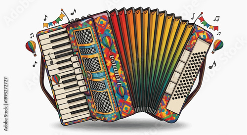Colorful accordion with musical notes and decorations, suggesting a lively performance in white background.