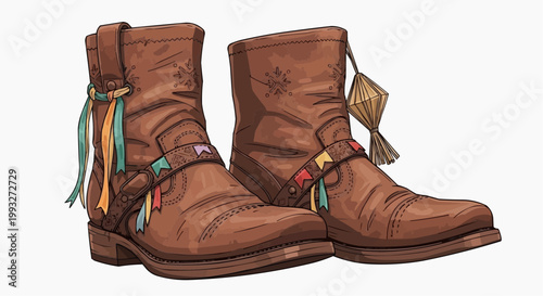 Pair of brown leather boots with colorful decorations. The boots are intricately detailed and appear sturdy and ready for adventure. in white background.