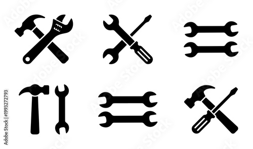 Industrial work tools icon set, black silhouette hammer and wrench vector graphics, construction equipment and hardware repair symbols for maintenance