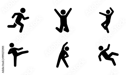 Minimalist stick figure icons set, black human silhouettes in active motion, 6 vector elements depicting running jumping and falling poses