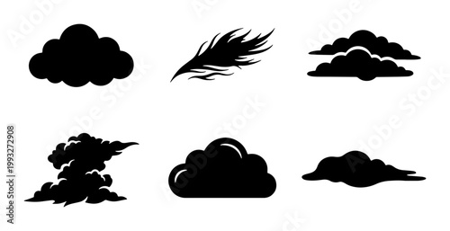 Black cloud silhouettes and feather icon set, minimalist weather symbols vector collection, dark sky elements for graphic design and logo creation