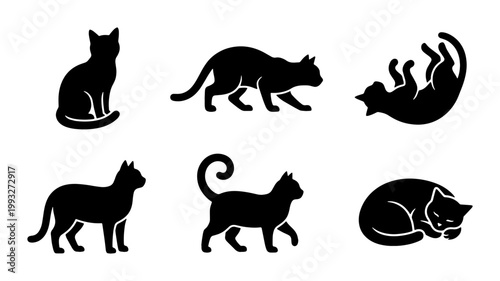 Black cat silhouette collection, set of 6 feline vector icons in various poses, minimalist domestic cat shapes for pet branding and logo design