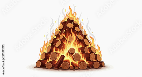 A roaring bonfire with logs and flames in white background.