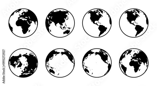 Minimalist world globe icons set, 8 black and white earth map vectors, global geography planet earth symbols for logistics and travel business