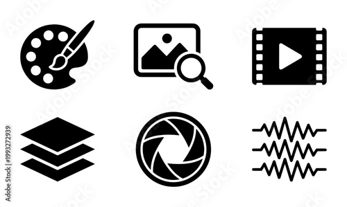 Minimalist multimedia design icons set, black solid vector symbols for graphic editing, video production and photography software interface