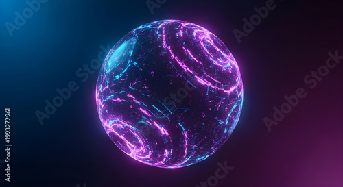 Abstract glowing sphere with neon purple and blue light trails, representing a digital planet, data core, or futuristic energy source