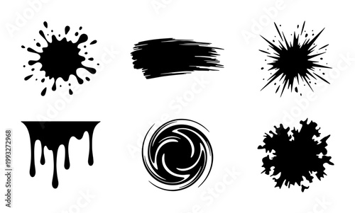 Grunge black ink splatter set, 6 hand drawn paint brush strokes and liquid drips, artistic ink blot collection for graphic design and street art