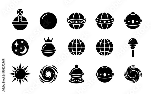 Celestial and royal icon set, 15 black solid vector symbols of planets, sun, moon, and royal regalia, astronomical and monarchic glyph collection