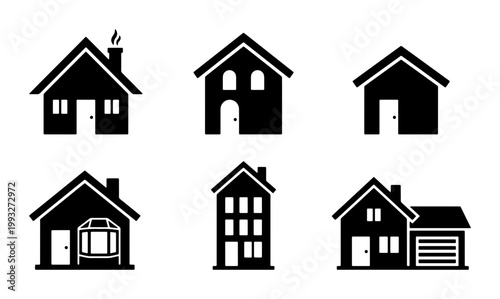 Minimalist house icon set, 6 black silhouette home vector elements, residential building symbols for real estate and architecture maps