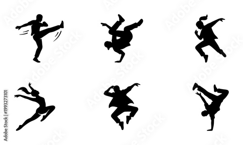 Breakdance silhouette collection of 6 dancers, urban street dance vector set, hip hop performers in dynamic poses, modern dancing figures for graphic design