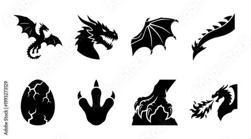 Dragon silhouette icon set, mythical creature symbols including fire breathing dragon, egg, wing and claw, fantasy monster vector graphics