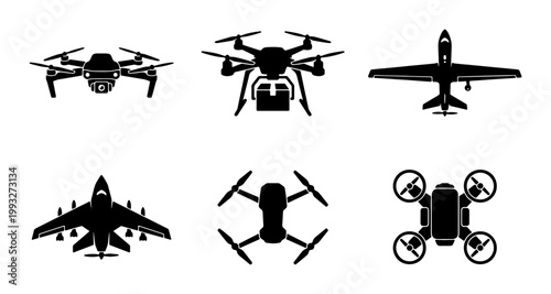 Modern drone and aircraft silhouette set, 6 black vector icons of quadcopters and delivery drones, unmanned aerial vehicle and airplane symbols