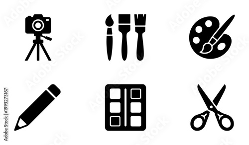 Minimalist art and craft icons set, black silhouette creative tools vector, photography and painting equipment collection for web design