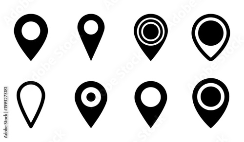 Minimalist map pin icons set, black location pointer vector collection, 8 navigation marker symbols for web interface and mobile app design